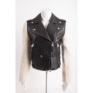 Mackage Womens Baya Leather Moto Biker Jacket Coat XS Black Shearling Sleeve NWT